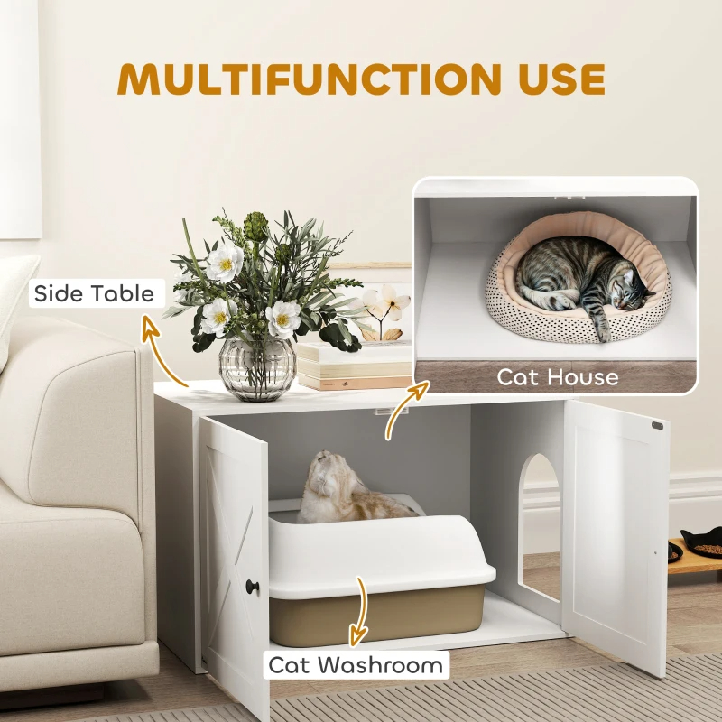 PawHut Cat Litter Box Enclosure With Barn Door, Cat Hole, White
