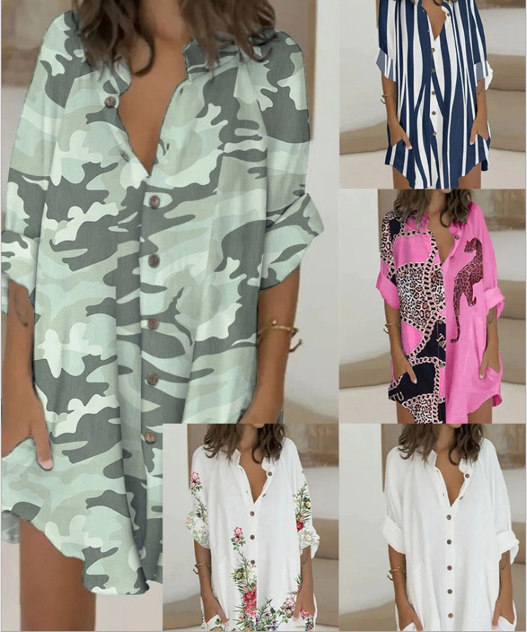 Women's Summer Fashion Print Trendy Shirt Loose Pocket Dress