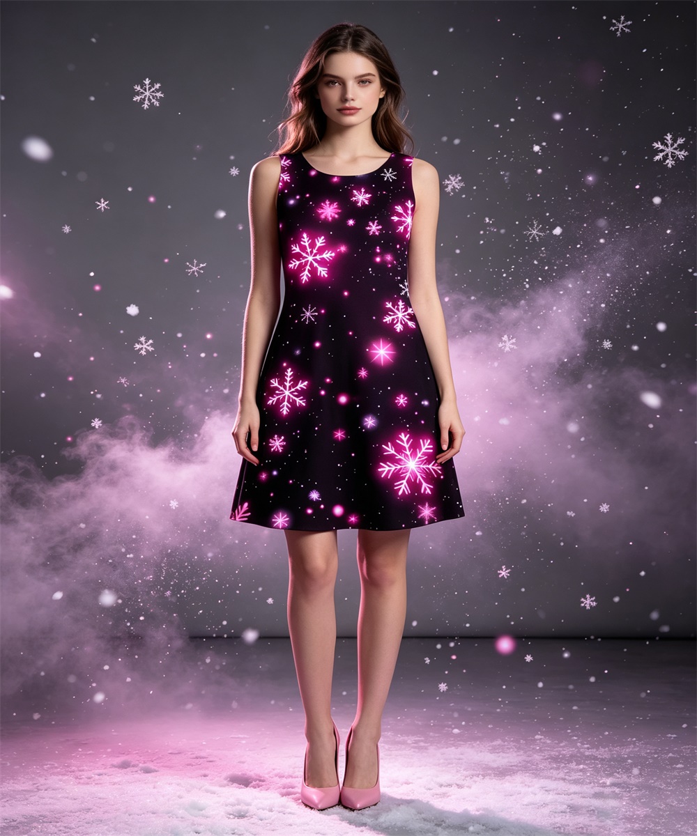 Robe trapèze sans manches à col rond pour femmes, mini robe de soirée noire avec imprimé flocon de neige brillant rose