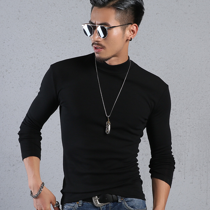 Men'S Cotton Half-High Collar Bottoming Shirt Slim Solid Color Tight-Fitting Mid-Neck Long Sleeves