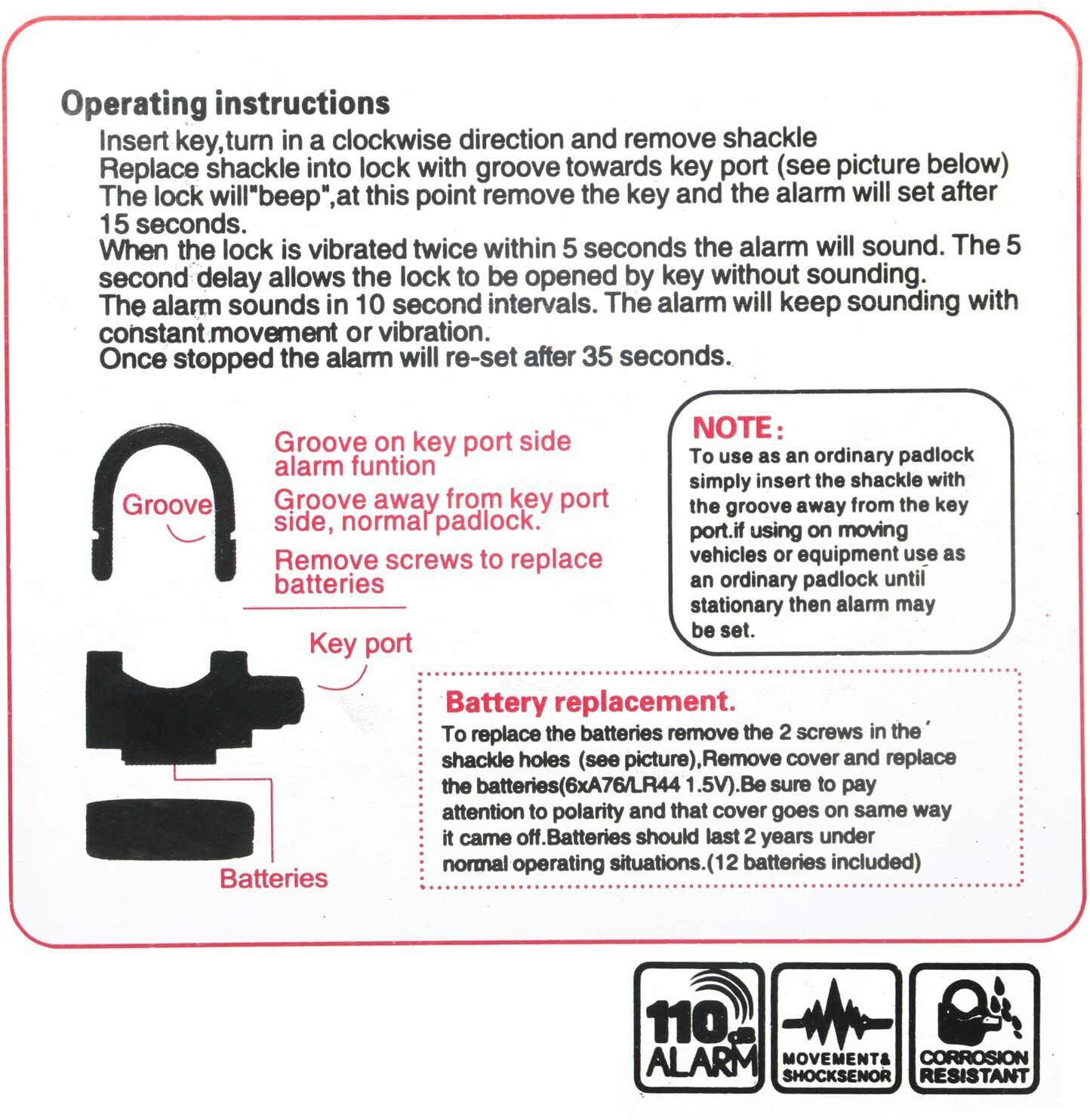 110db Alarmed Padlock Long NEW Heavy Duty Weatherproof Shackle — image 5