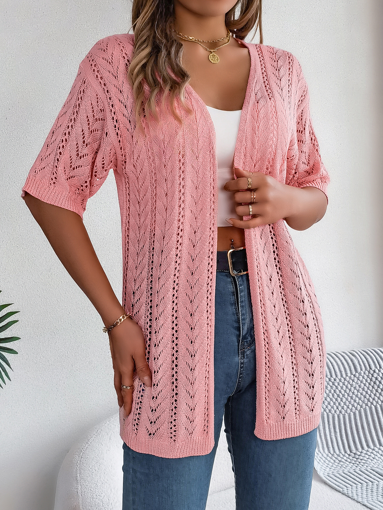 Women S Solid Color Hollow Out Short Sleeve Knit Cardigan Cover Up thumbnail 3