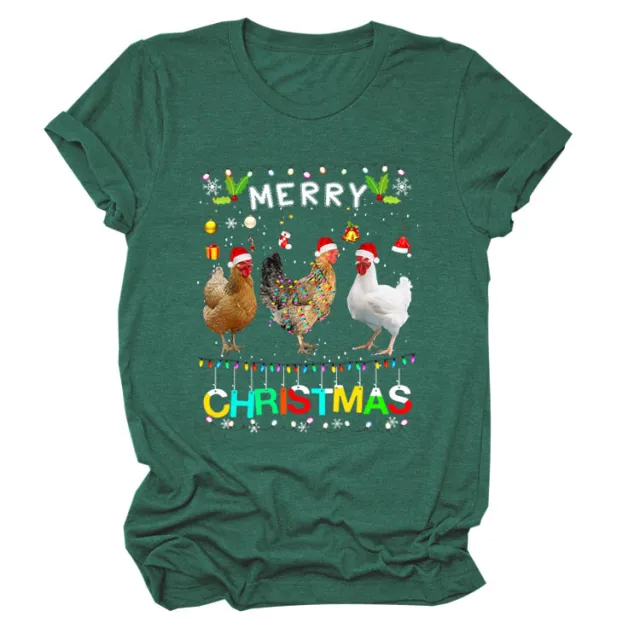 Europe And The United States Christmas Printed Casual Ladies Short sleeved T shirt Vintage Green Color - Shop at LoveMi