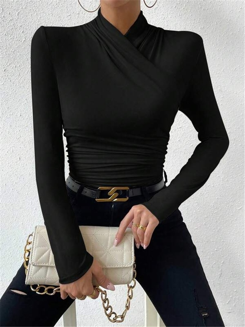 Design Sense Cross Collar Slim Fit All-match Pleated T-shirt