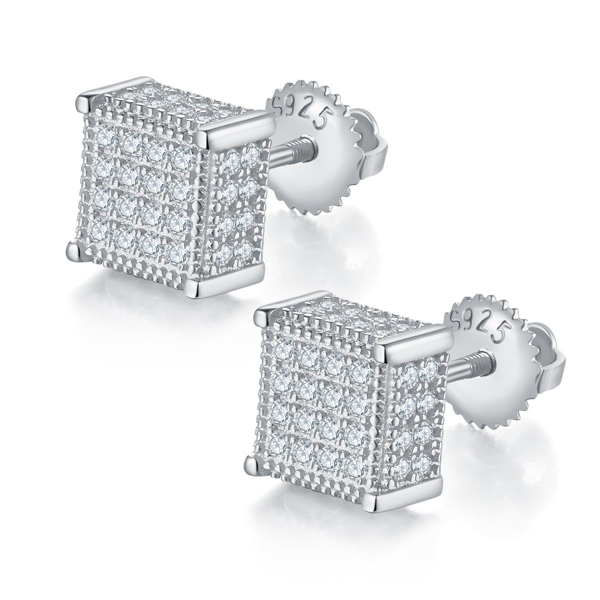 S925 Sterling Silver 96pcs D Color VVS1 Moissanite 3D Cube Stud Earrings 7.6mm Screw Back Hypoallergenic GRA Certified Gift Box