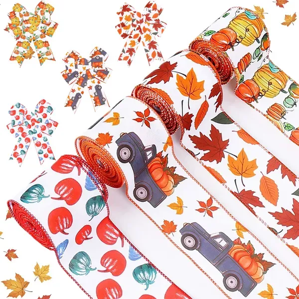 4Rolls 20Yards Thanksgiving Ribbons Autumn Wired Edge Ribbon Fall Themed Decorative Ribbon Pumpkin Maple Leaf Truck Grosgrain Ribbon For Thanksgivi... 4Pcs - Shop at LoveMi
