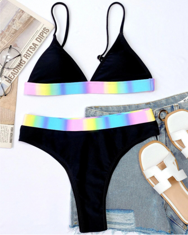 Bikini Women's Solid Color Mixed Color Striped High Waist Split Swimsuit