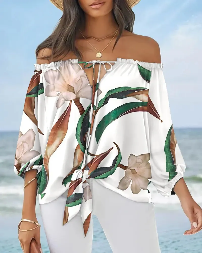 Sexy Off Shoulder Printed Chiffon Shirt Women Fashion Tied Detail Long Sleeve Pullover Tops Street Vintage Lady Blouse - Leaf-3Xl
