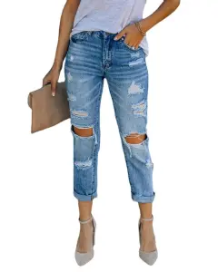 Women's Fashion Water Hole Straight Jeans Pants - Blue - View 1
