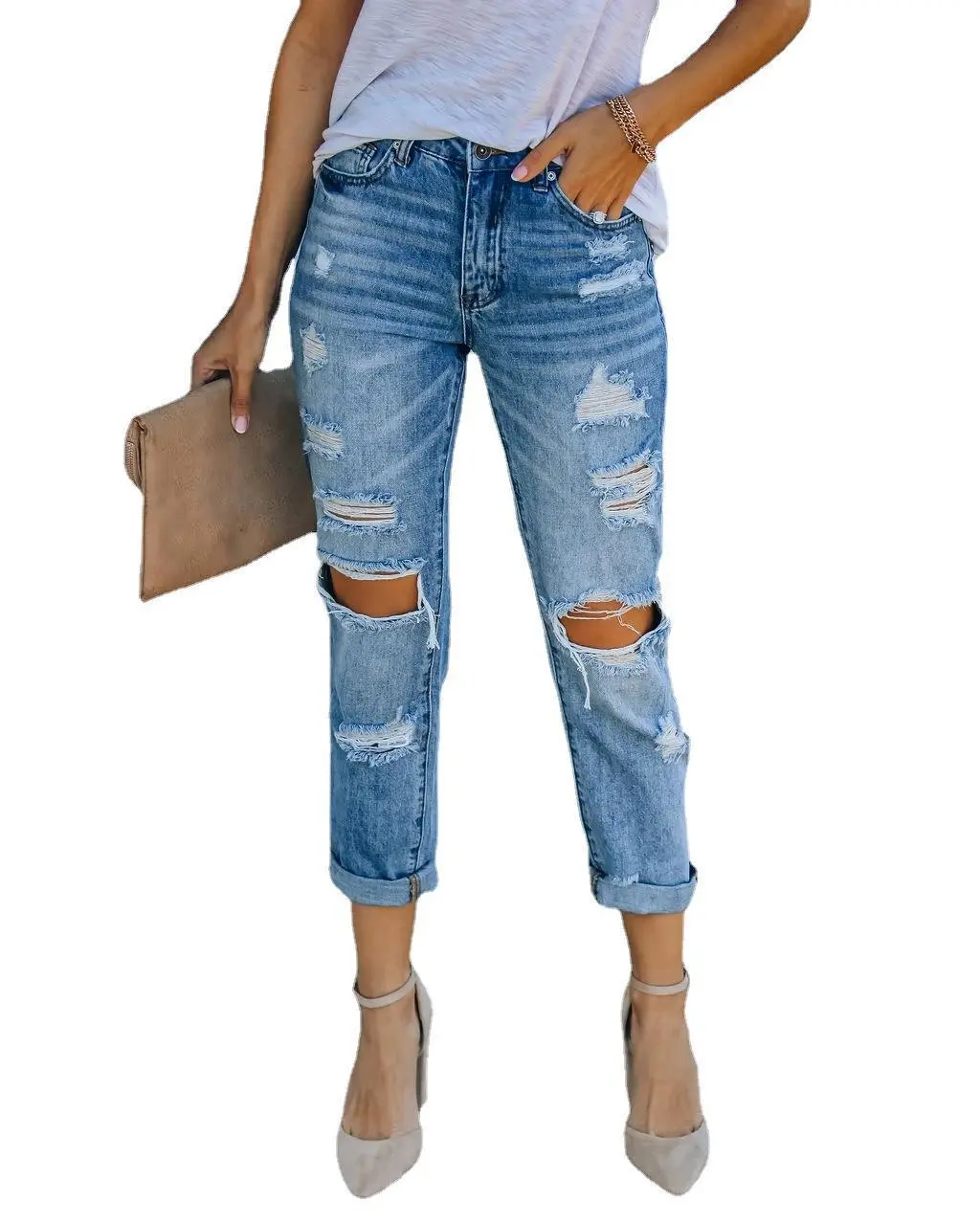 Women's Fashion Water Hole Straight Jeans Pants - Blue