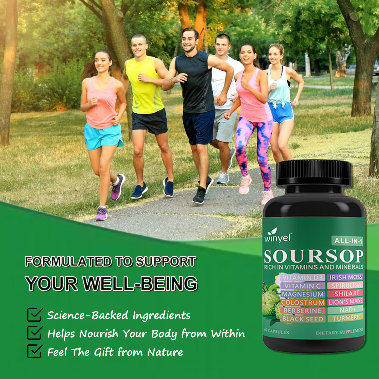 Soursop Supplement Containing 20 Herbal Extracts Including Seaweed, Lion's Mane Mushroom, Turmeric, Black Seed Oil, Oregano, And Mullein, Promoting Overall Health. Vegan, 60 Capsules.