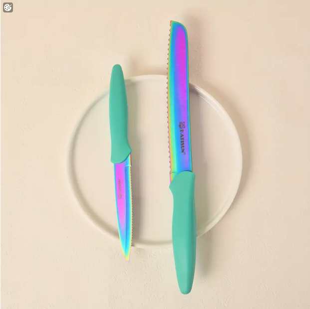 14-Piece Rainbow Colored High Carbon Stainless Steel Kitchen Knife Set, Titanium Coated Blade, Rust-Free & Super Sharp, Flatware Set With Wooden Stand & Kitchen Scissors, For Family & Restaurateurs 6