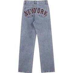 American Retro Casual Light Blue Slimming High Waist Straight Jeans - Blue - View 1