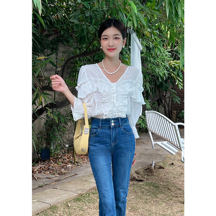 Women's Ruffled Long-sleeved V-neck Shirt Crop Top