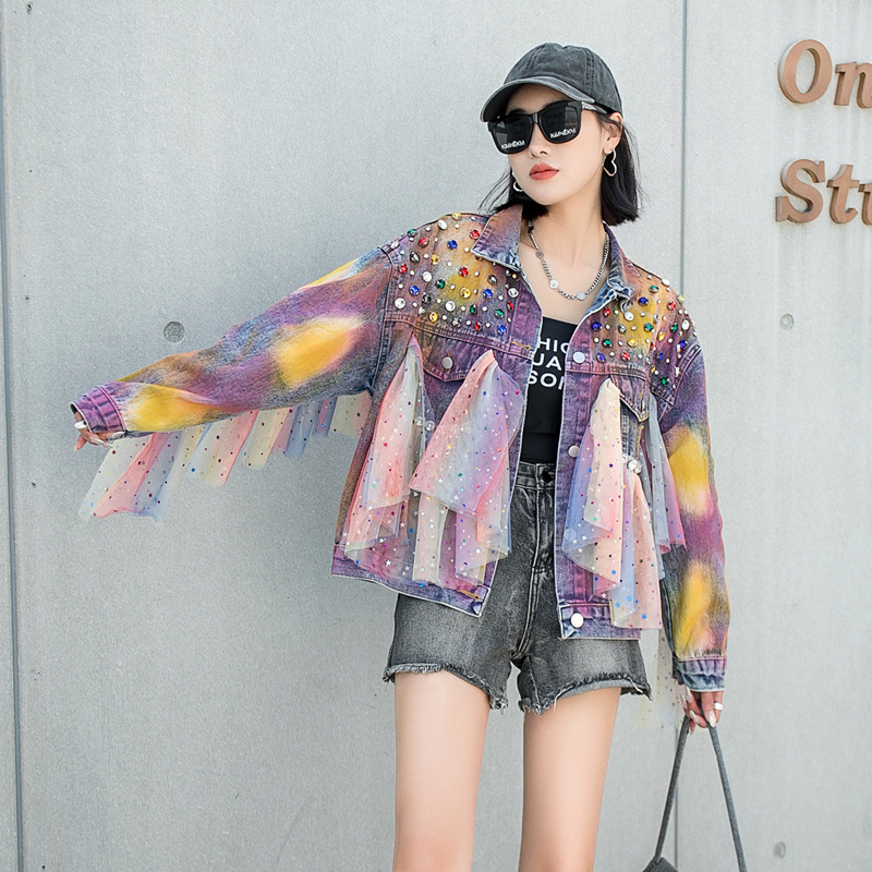 Tie-Dye Gradient Oversized Denim Jacket In Colorful Mesh Rhinestones