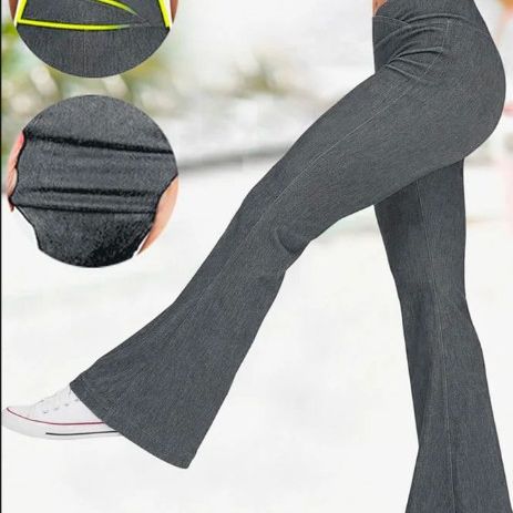 Solid Color High Waist Cross Stretch Denim Casual Sports Bell bottom Pants Grey - Shop at LoveMi