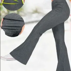Solid Colour High Waist Cross Stretch Denim Casual Sports Bell-bottom Pants - Grey - View 1