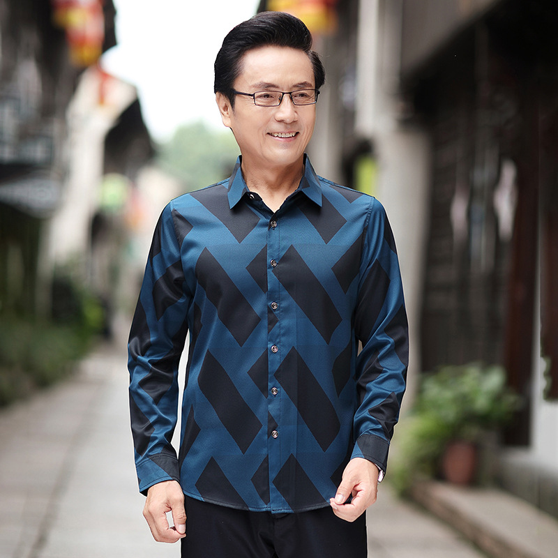 Men's Middle-aged And Elderly Long-sleeved Shirt Printing Plus Size