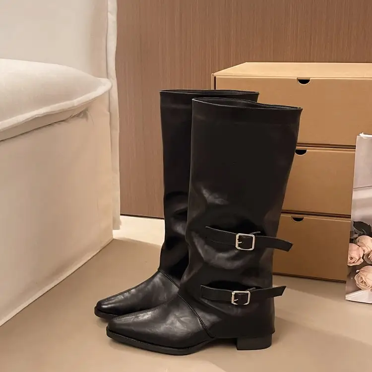 Women's Pointed Toe Buckle Ruched Slouch Boots