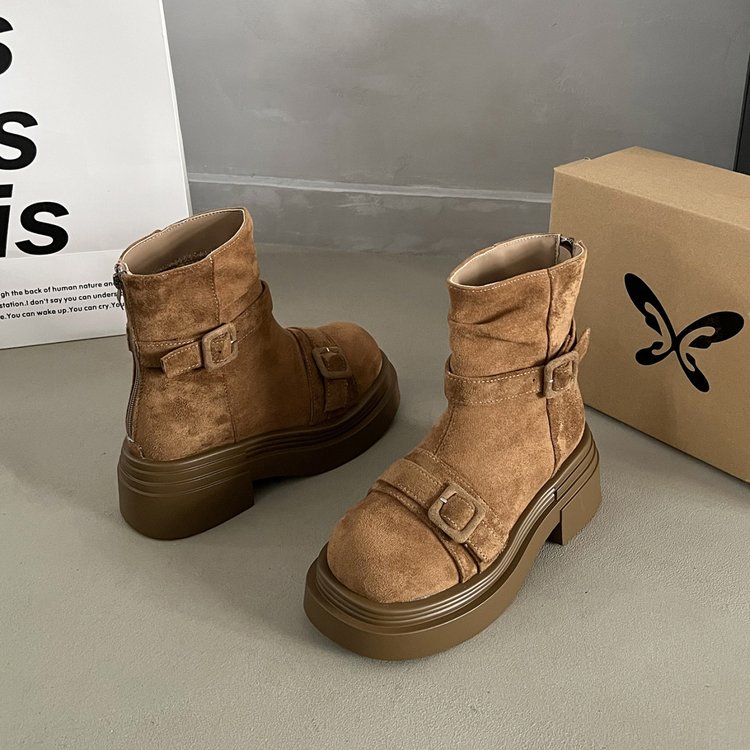 Women's Platform Height Increasing British Style Martin Boots, 2026 New Popular Retro Western Cowboy Pants Shaft Mid Ankle Boots