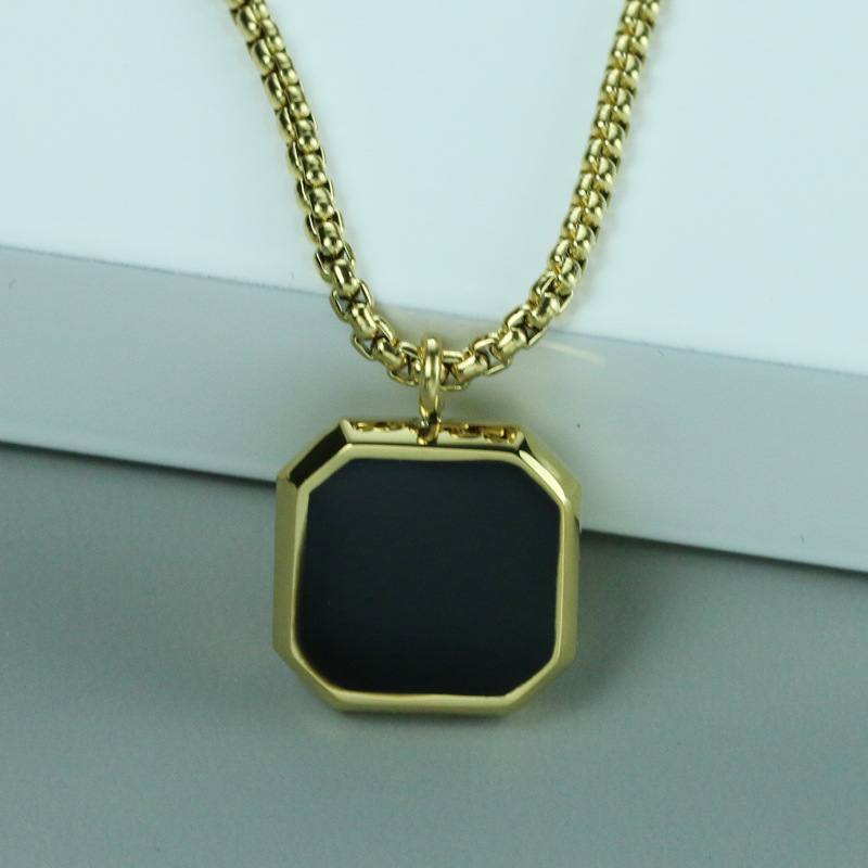 Stainless Steel Epoxy Black Square Pendant Men's Sweater Stacked Necklace