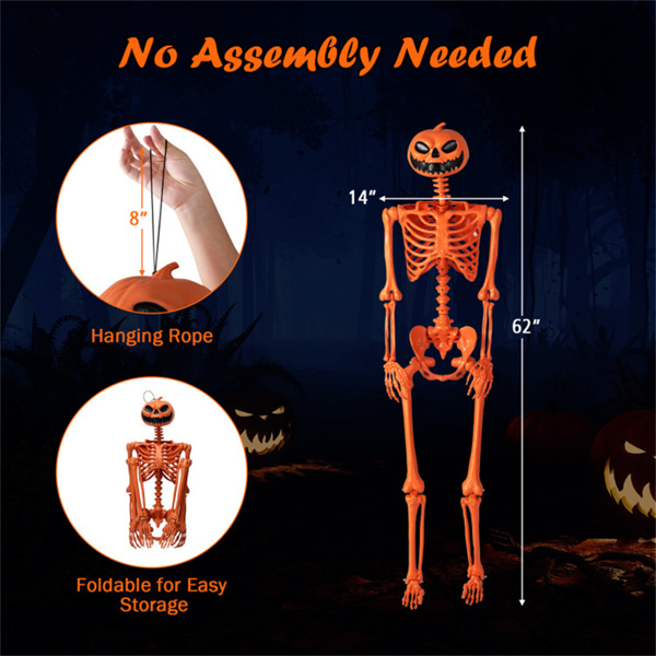 5.5ft Life-Size Halloween Skeleton with Pumpkin Head - Orange Color, Fully Poseable Joints (Jaw/Shoulders/Knees), PP+PE Material-16