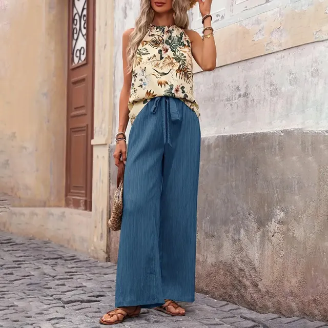 Women's Outfits Summer Casual Sleeveless Halter Neck Crop Tops Wide Leg Pants Set Blue - Shop at LoveMi