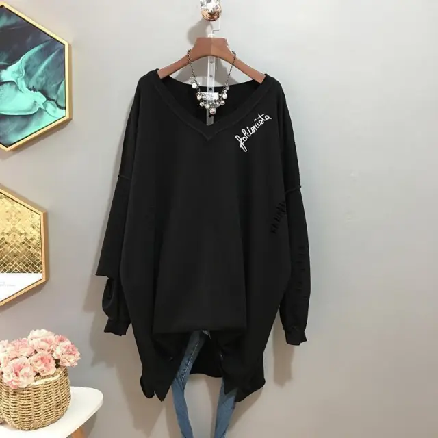 Korean Version Of Female Spring And Autumn Long Ripped Jacket Black - Shop at LoveMi