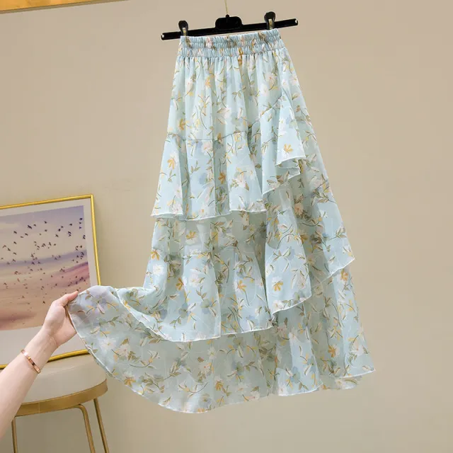 Floral Irregular Ruffle Versatile Cake Dress Green Flowers - Shop at LoveMi