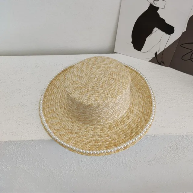 Women's Hand Sewn Pearl Flat Top Straw Hat Light Plate - Shop at LoveMi
