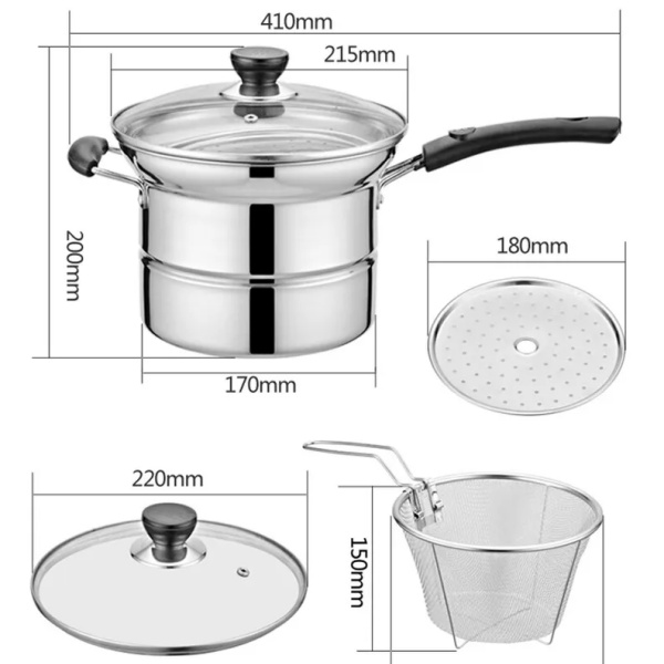 4pc Non Stick Chip Pan Deep Fat Fryer Cooking Noodle Soup Pot Frying Basket&Lid — image 8