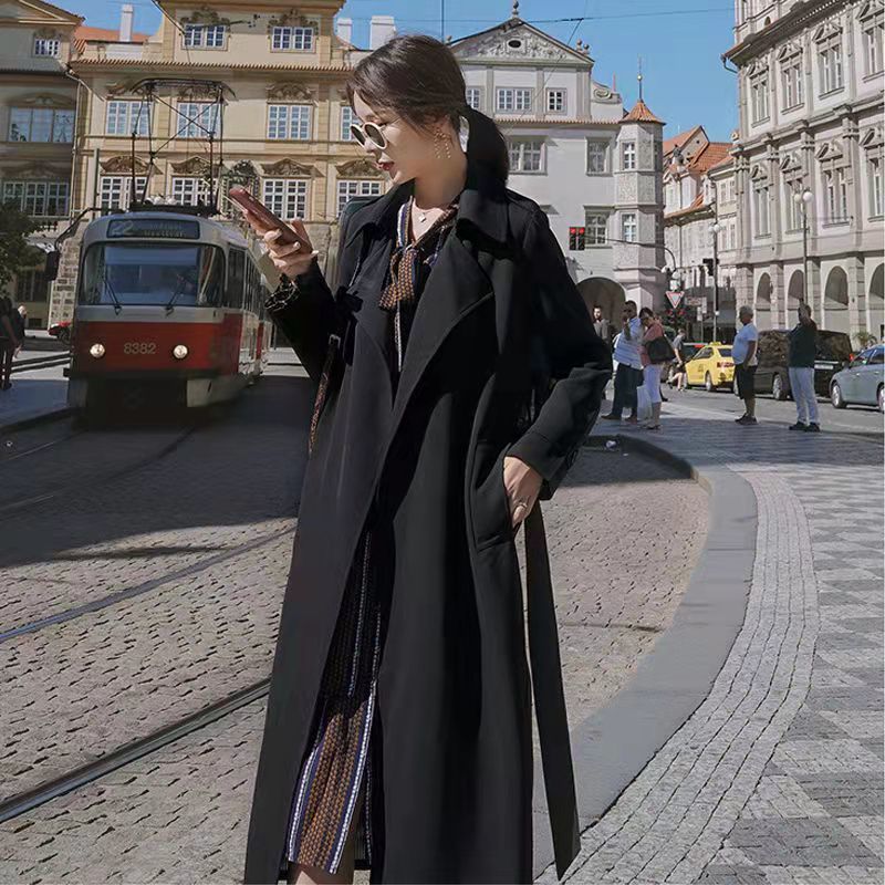 Windbreaker Women's Mid-length Black New Drapey Trendy Coat