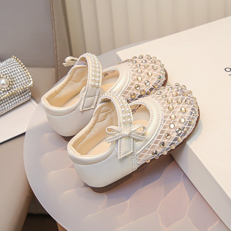 Girls' Rhinestone Sandals, Soft Soled Princess Shoes, Children's Pearl Hollow Single Shoes, Trendy