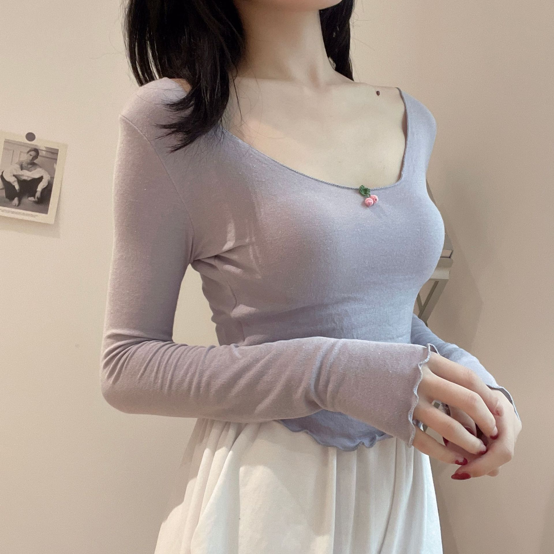 Women's Pure Desire Soft Waxy Cherry Fungus Edge Long Sleeve