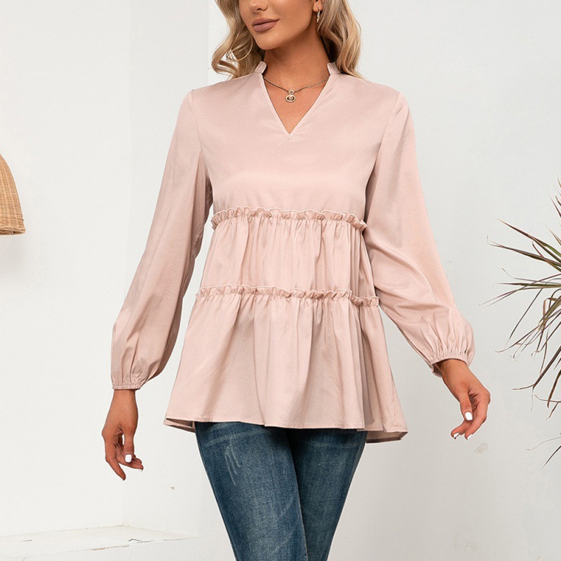 Women's Solid Color Wood Ears V-neck Midi Shirt