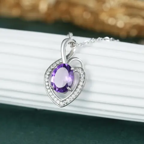 Simple Heart Pendant Collar Chain S925 Silver Amethyst Necklace