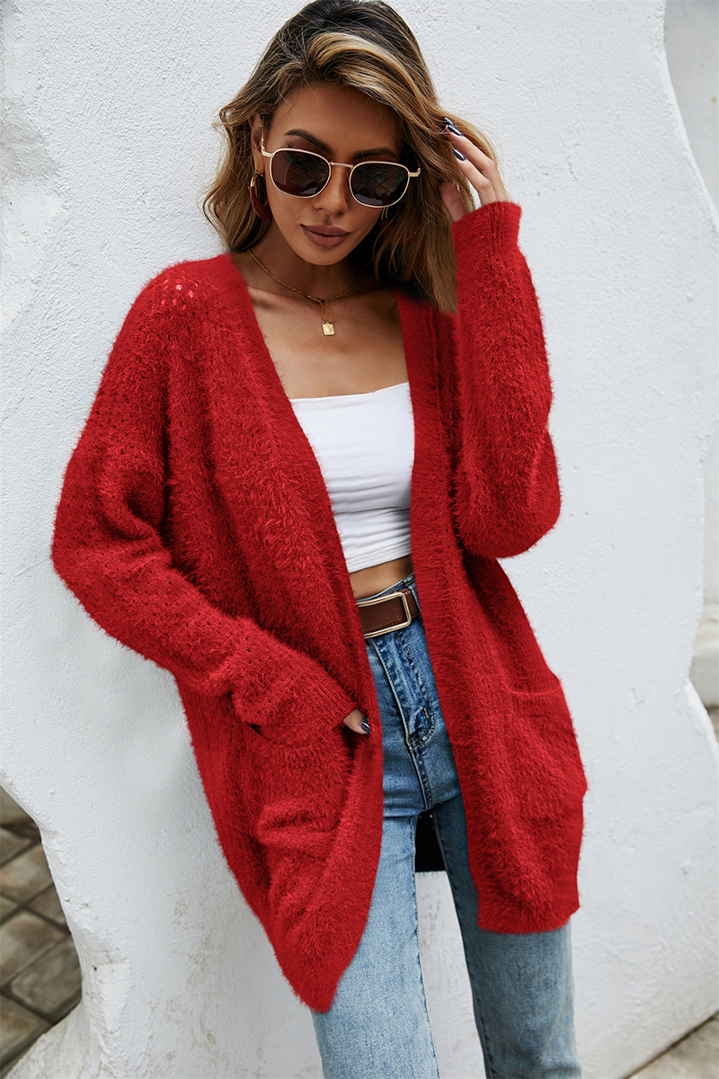 Plush Cardigan Pocket Solid Color Sweater Coat