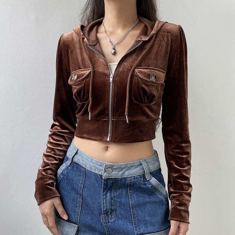 Corduroy American Cardigan Drawstring Waist Jacket Brown - Shop at LoveMi