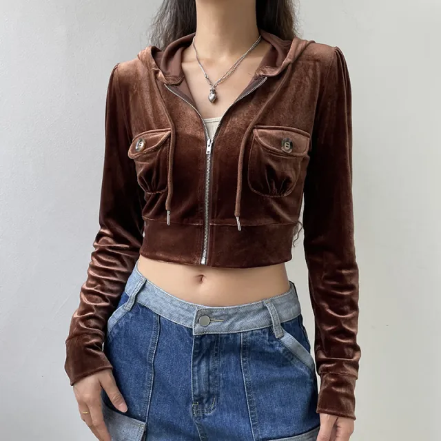Corduroy American Cardigan Drawstring Waist Jacket Brown - Shop at LoveMi