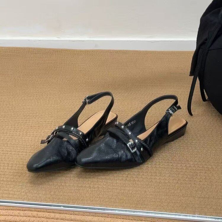 Women Retro Punk Rivet Studded Double Strap Slingback Flats, Pointed Toe Wrinkled Distressed Leather Cutout Metal Buckle Backless Slip On Casual Daily Mule Sandals