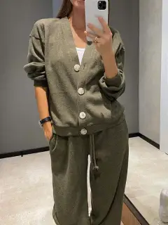 Casual Sports Suit Cardigan Top Women's Clothing - Military Green - View 1