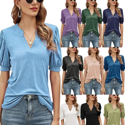 Women's Pleated Puff Sleeve Tops Summer V Neck T
