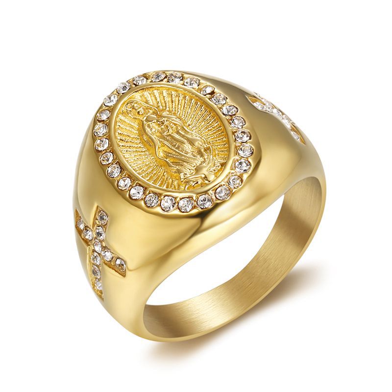 Title 7, Mens Gold Plated Diamond Virgin Mary Ring a sy...