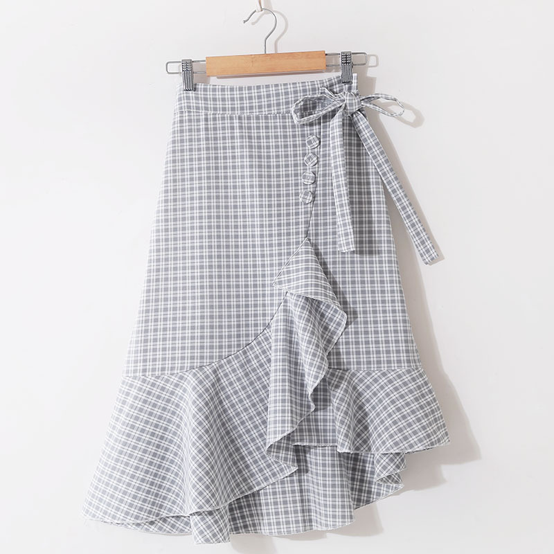 Lace-up Plaid High Waist Slim Ruffle Irregular Skirt