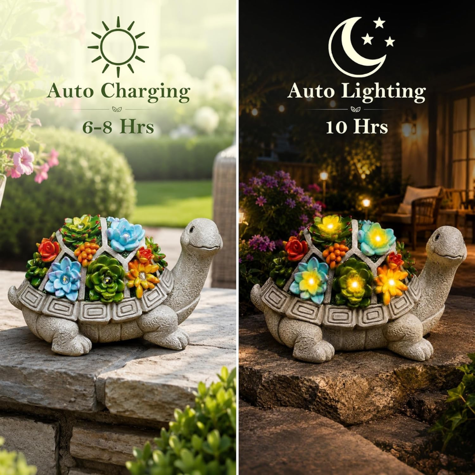 Statue de tortue solaire d'extérieur, 7 lumières LED succulentes – Image 2