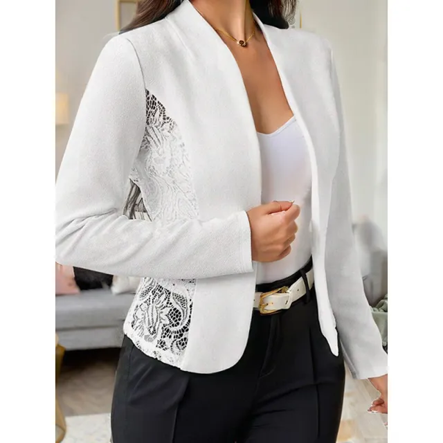 Women's Casual Lace Contrast Open Front Cardigan Jacket Long Sleeve Work Office Suit White - Shop at LoveMi