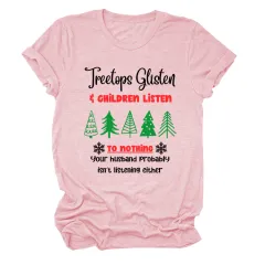 Christmas Print Casual Short Sleeve T-Shirt - Pink Black Colour - View 1