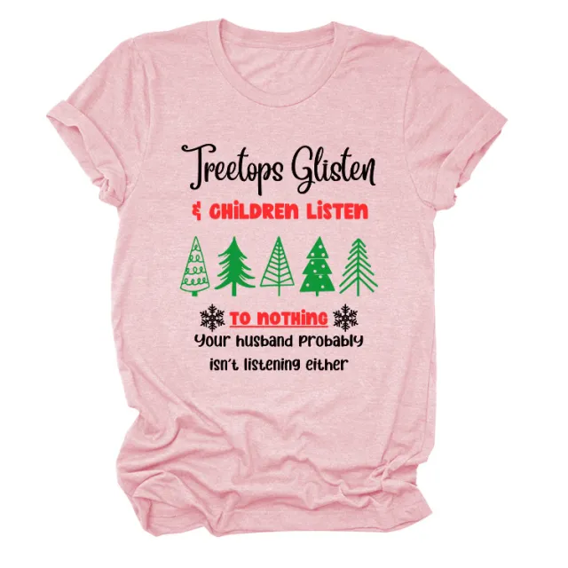 Christmas Print Casual Short Sleeve T Shirt Pink Black Color - Shop at LoveMi