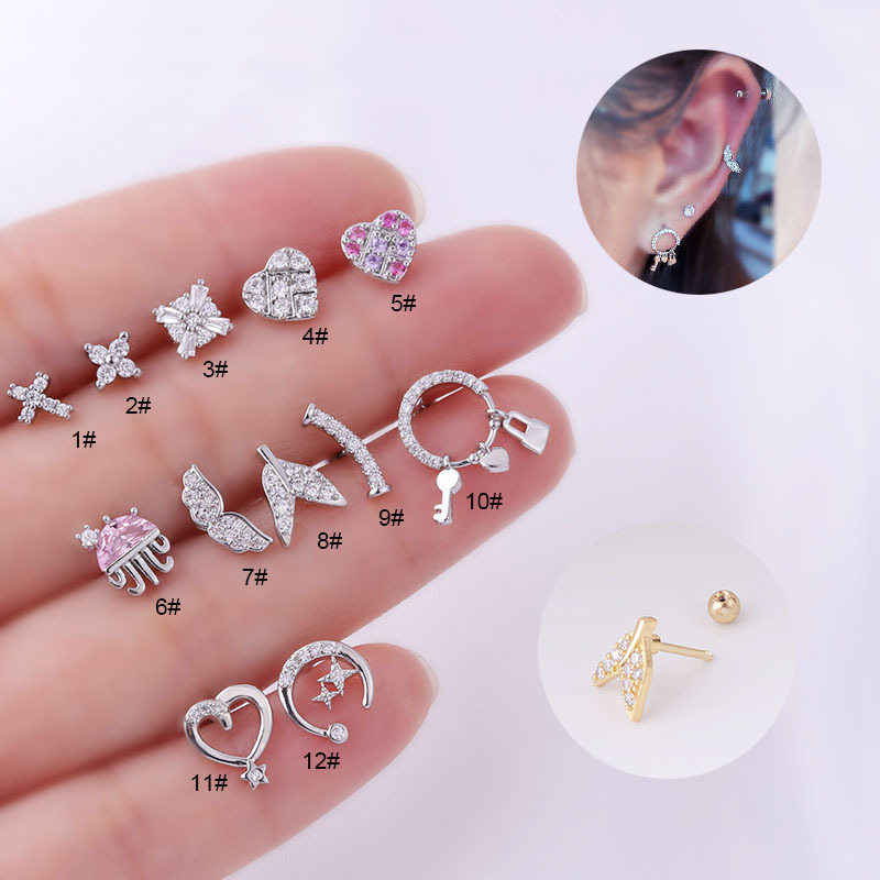 Stainless Steel Thin Rod Pierced Zirconium Fashion Stud Earrings