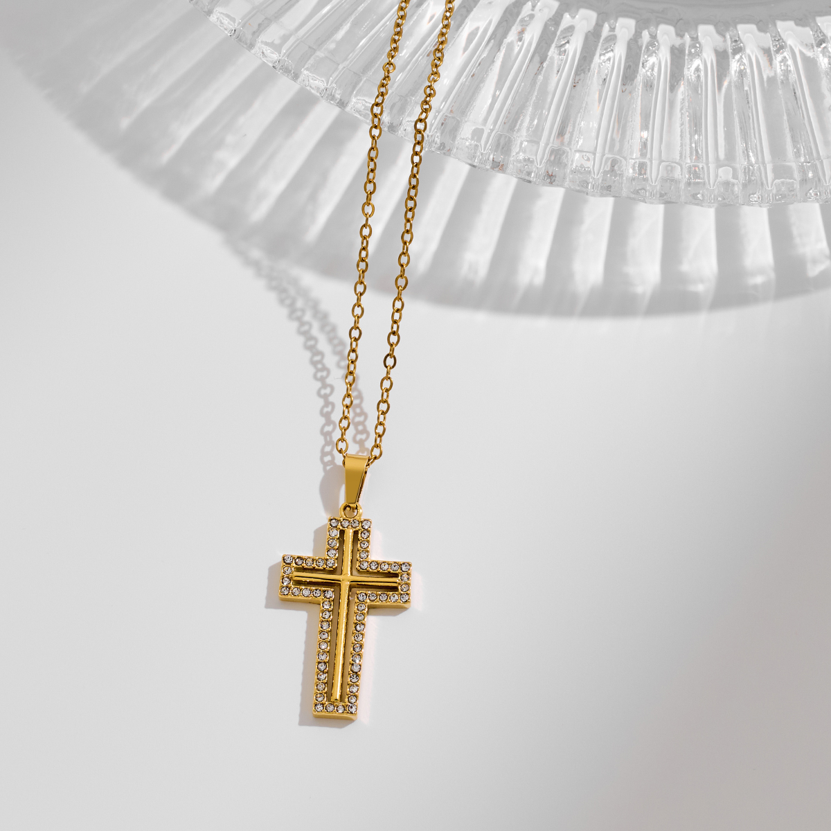 Stainless Steel Cross Pendant Necklace With Zircon Inlay